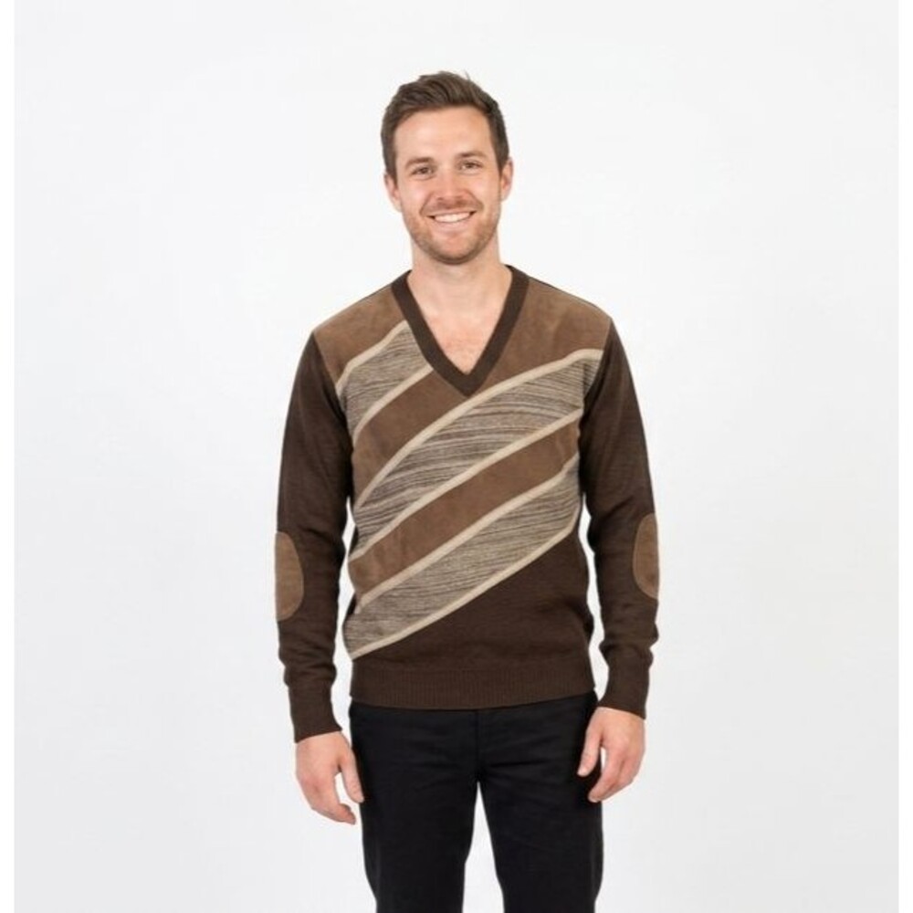 VTG 70s 80s Alan Stuart V Neck Sweater Genuine Suede Leather Patch Trim Mens Med